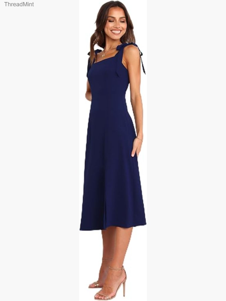 Midi A-Line Dress With Square Neck And Tie Straps
